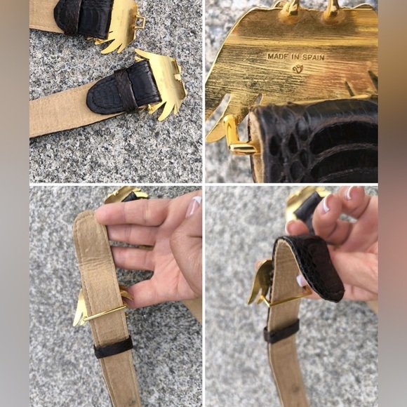 Vintage Women’s Gold Tone Leaves Buckle with Genuine Dark Brown Snake Skin Belt - Picture 8 of 16